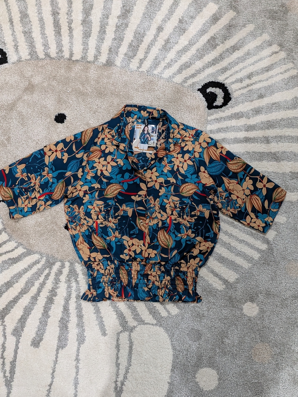 Tropical Teal Floral Button-Front Top with Mustard Accents And Smocked Waits